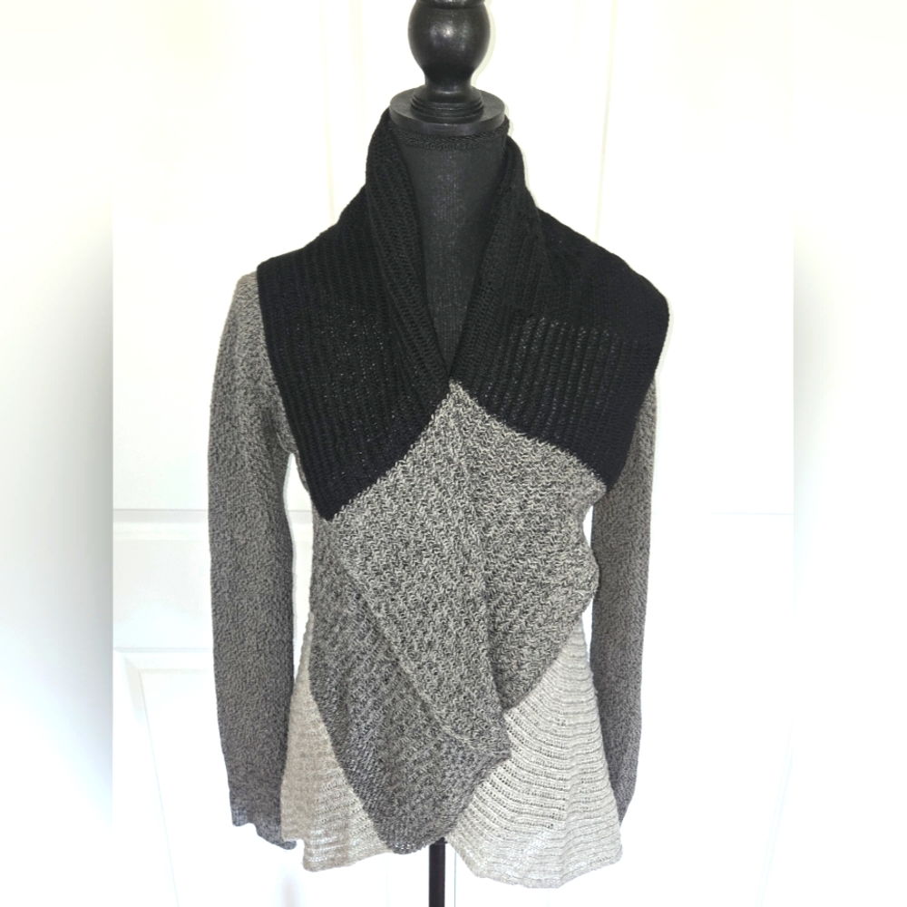 LUCKY BRAND Open Front Cardigan Sweater Color Block Gray Black Sz Sm